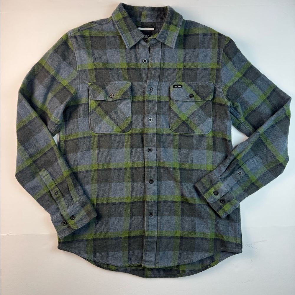 RVCA Men's Green and Gray Plaid Button-Down Shirt